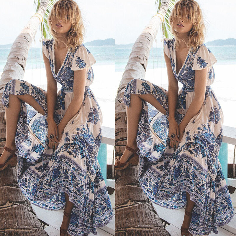 BOHO Floral Maxi Summer Beach Dress - Blue & White