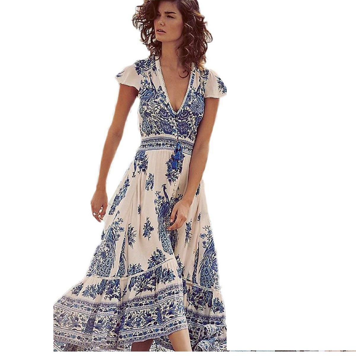 BOHO Floral Maxi Summer Beach Dress - Blue & White