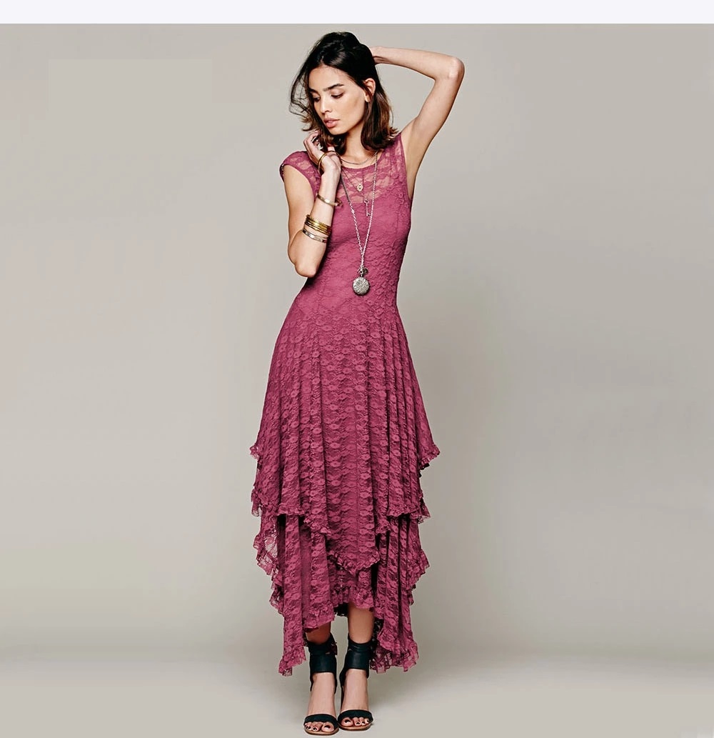 Double Layer Hem Dress Latest Designer Fashion Sleeveless Maxi Lace Dress 