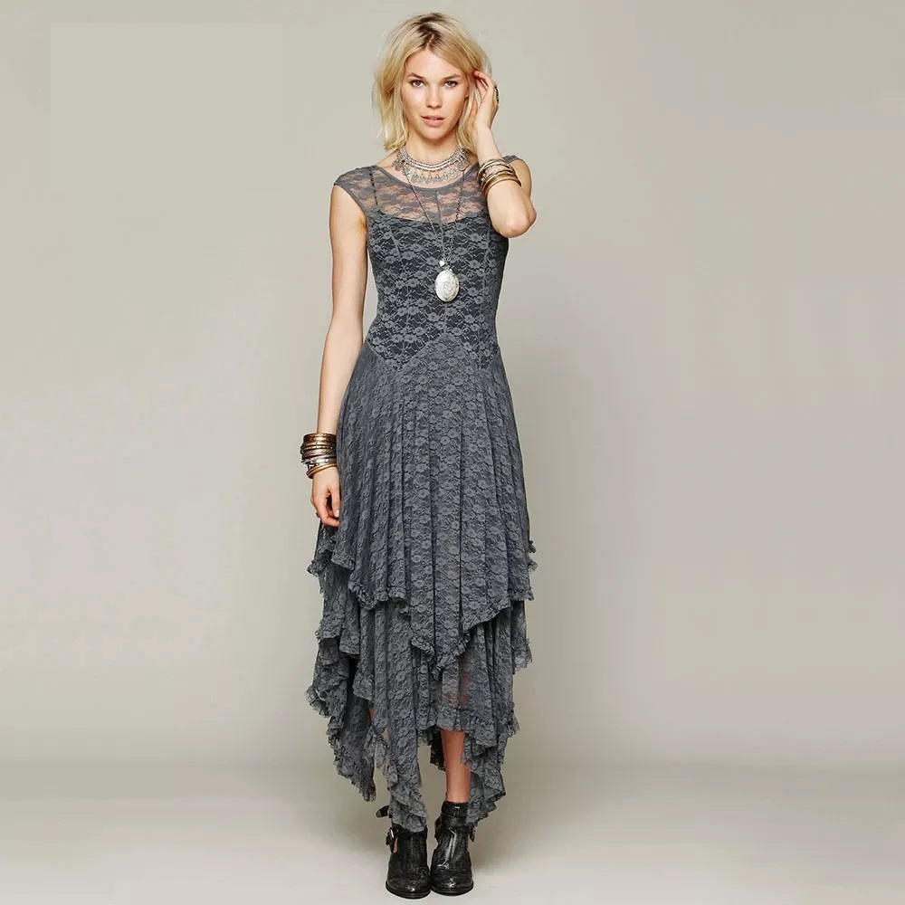 Double Layer Hem Dress Latest Designer Fashion Sleeveless Maxi Lace Dress Gray