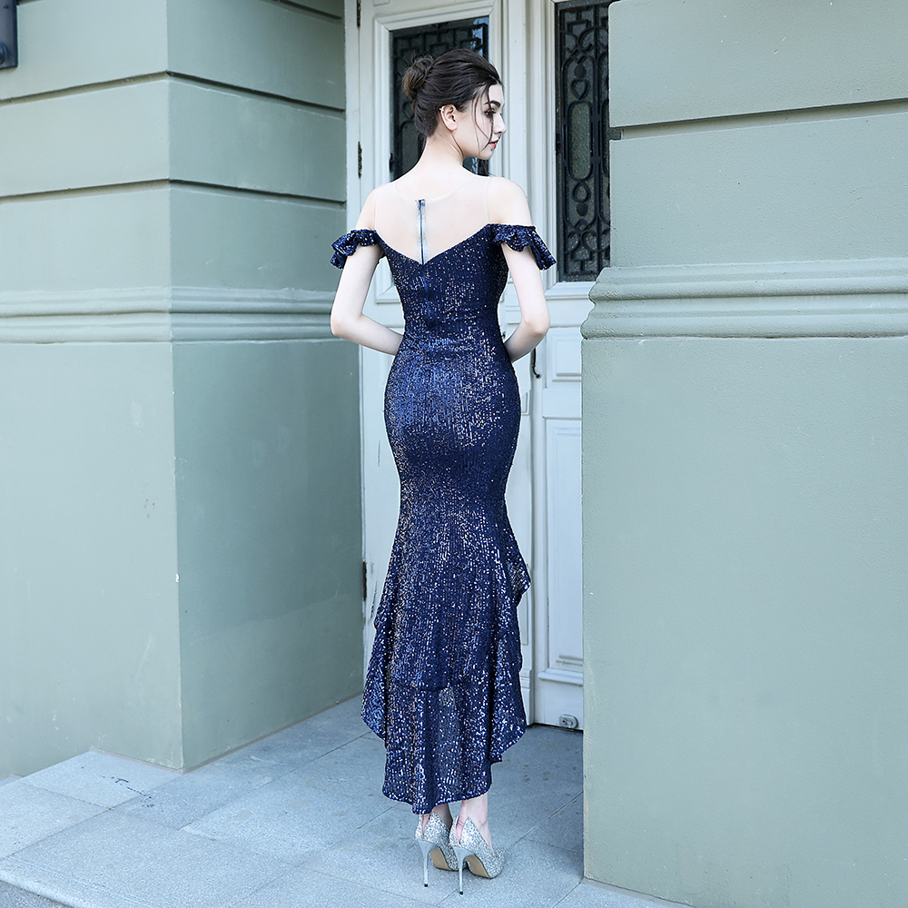 Dark Blue Sequined Hi-Low Fish Tail Dress Prom Dress - Wedding - Rehearsals - Formal Party - Evening Dress