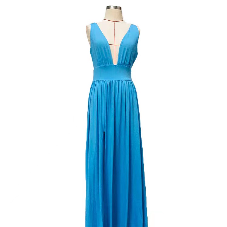 Blue Sleeveless Deep V-Neck  Plunging A-Line Maxi Dress with Side Slit Prom Dress - Bridesmaid - Wedding - Rehearsals - Formal Party - Evening Gown Bridesmaid Dress - Prom- Wedding - Rehearsals - Formal Party - Evening Gown