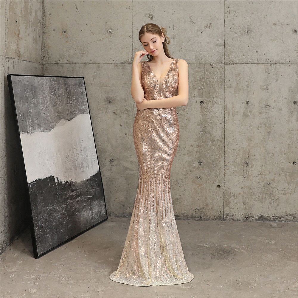 Classy Gold Sequined Banquet Dress - Formal Evening Gown.  Bridesmaid Dress - Prom- Wedding - Rehearsals - Formal Party - Evening Gown.