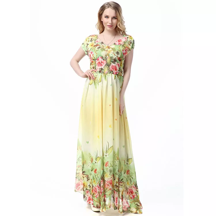 Plus Size Short Sleeve Floral Summer Dress Beautiful Yellow and Light Green Floral Chiffon Dress