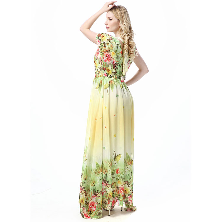 Plus Size Short Sleeve Floral Summer Dress Beautiful Yellow and Light Green Floral Chiffon Dress