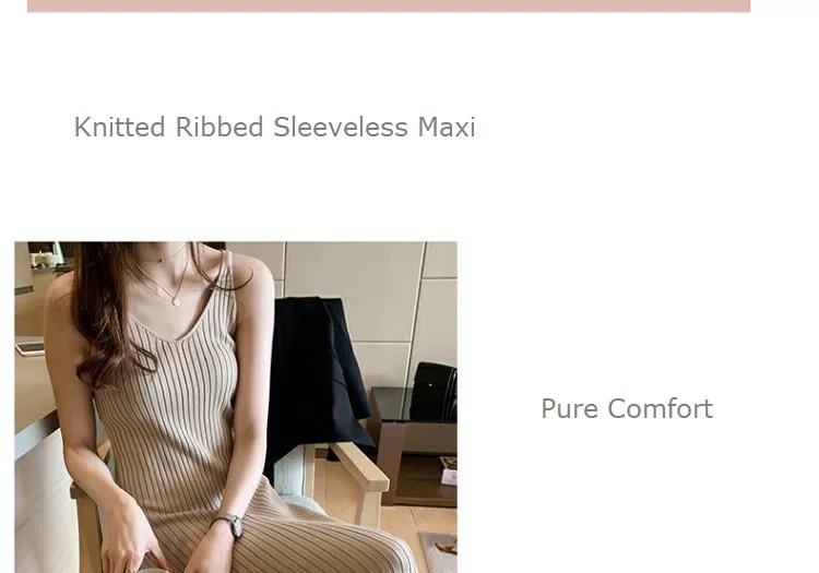 Knitted Ribbed Sleeveless Maxi Dress, v-neck, apricot