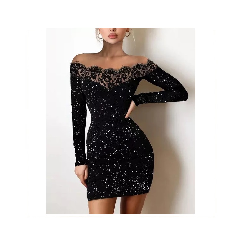 Long Sleeve Lace Neck Mini Dress, Off-Shoulder Bodycon Glitter Dress
