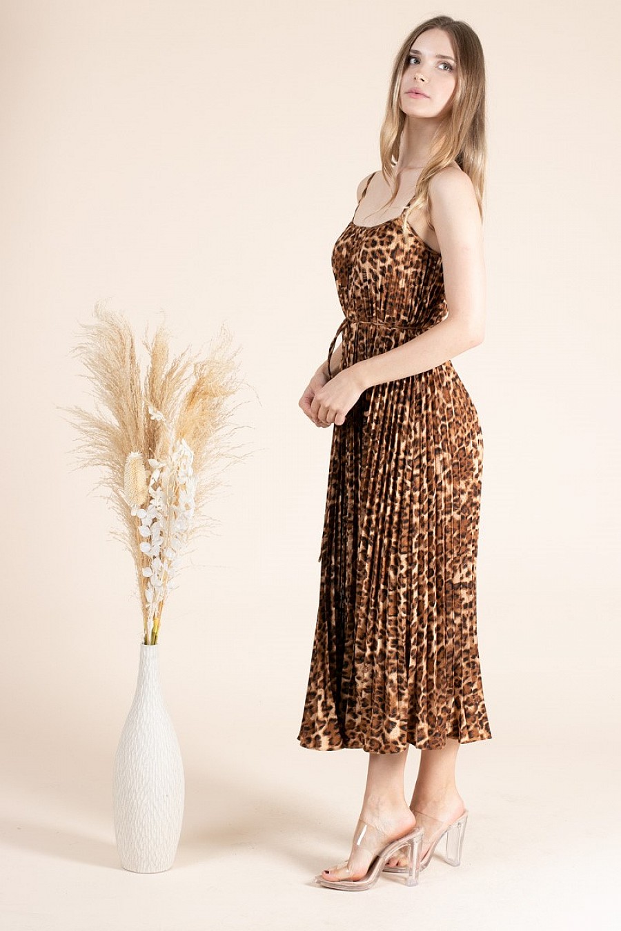 Spaghetti Strap Leopard Print Midi Dress - Pleated