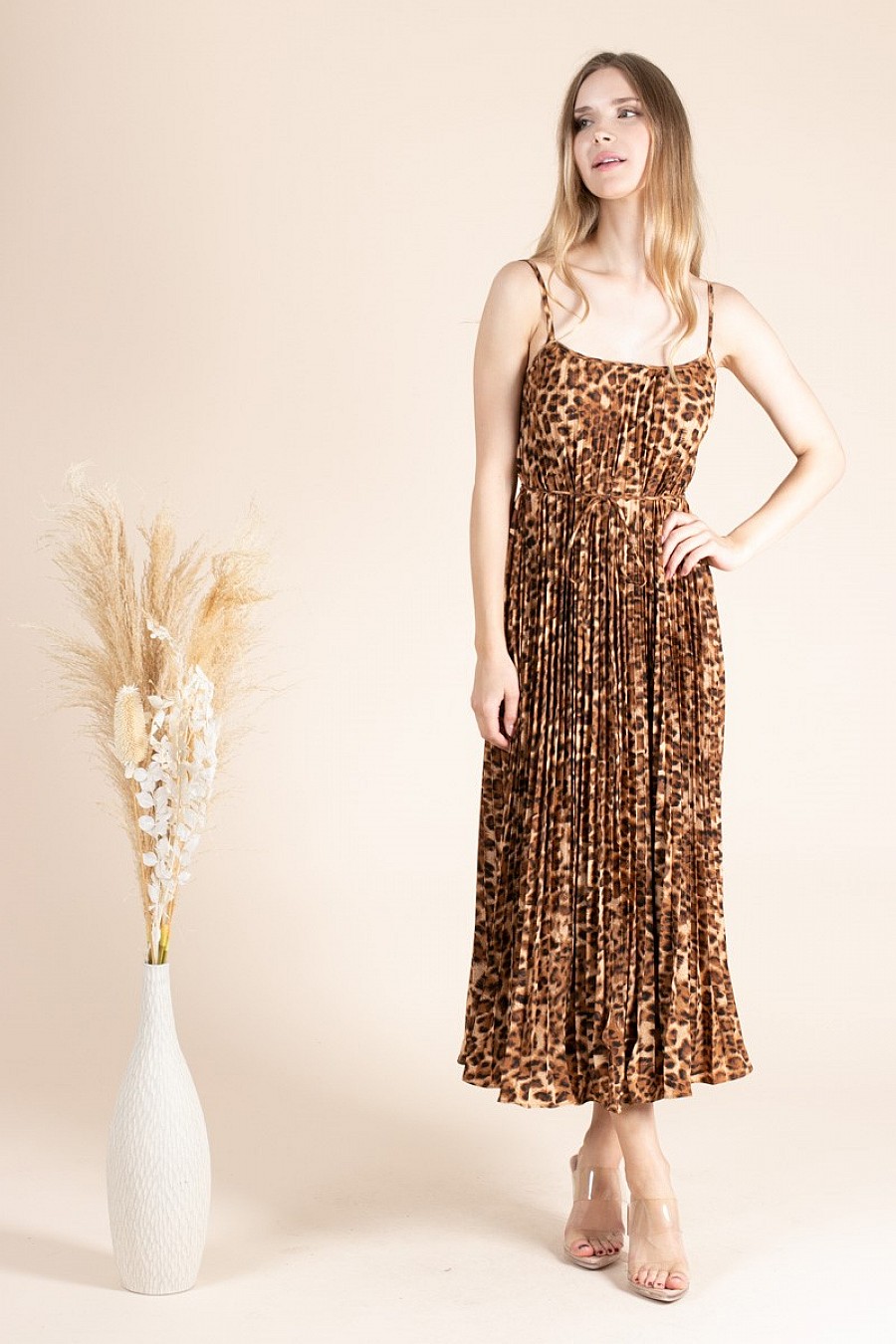 Spaghetti Strap Leopard Print Midi Dress - Pleated