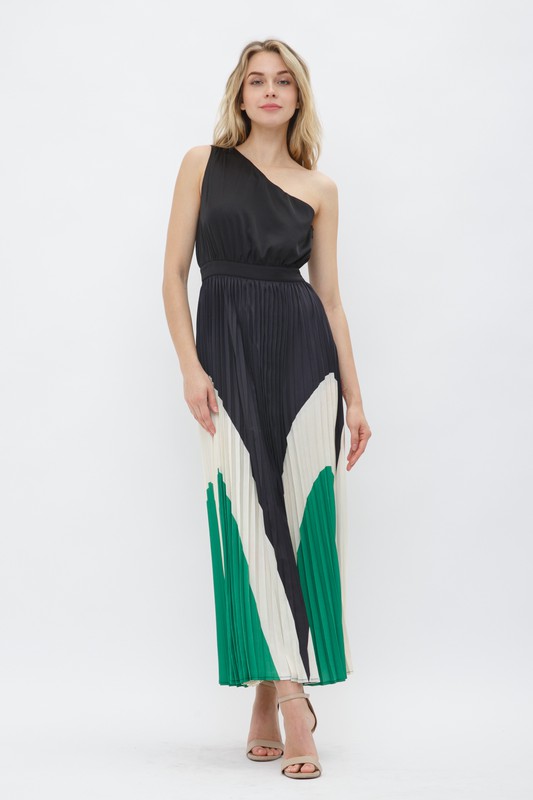 Single Shoulder Pleated Maxi Dress, sleeveless maxi