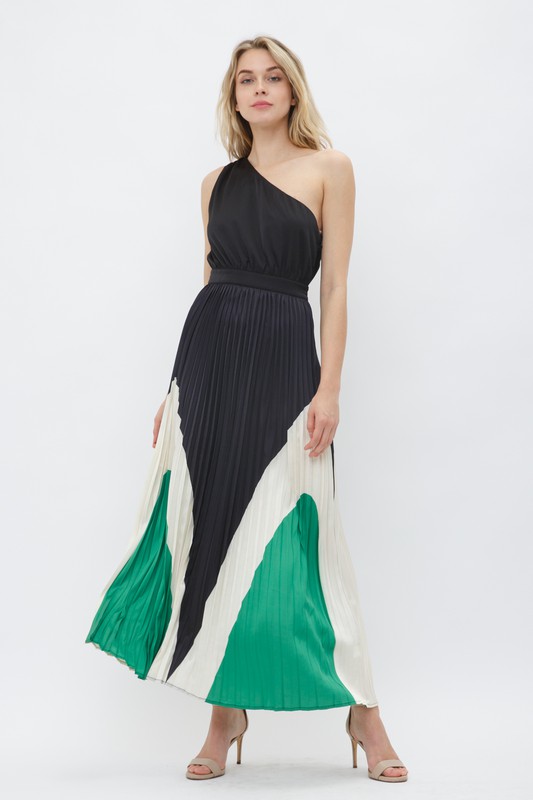 Single Shoulder Pleated Maxi Dress, sleeveless maxi