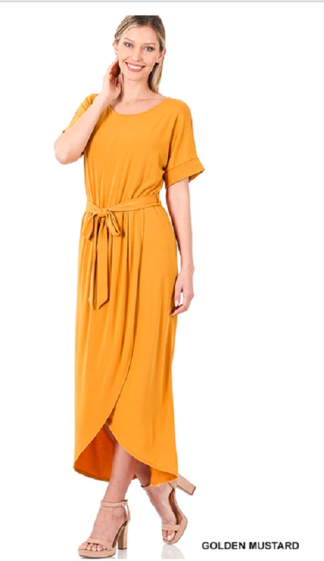 Belted Short Sleeve Tulip Dress, Maxi Dress,