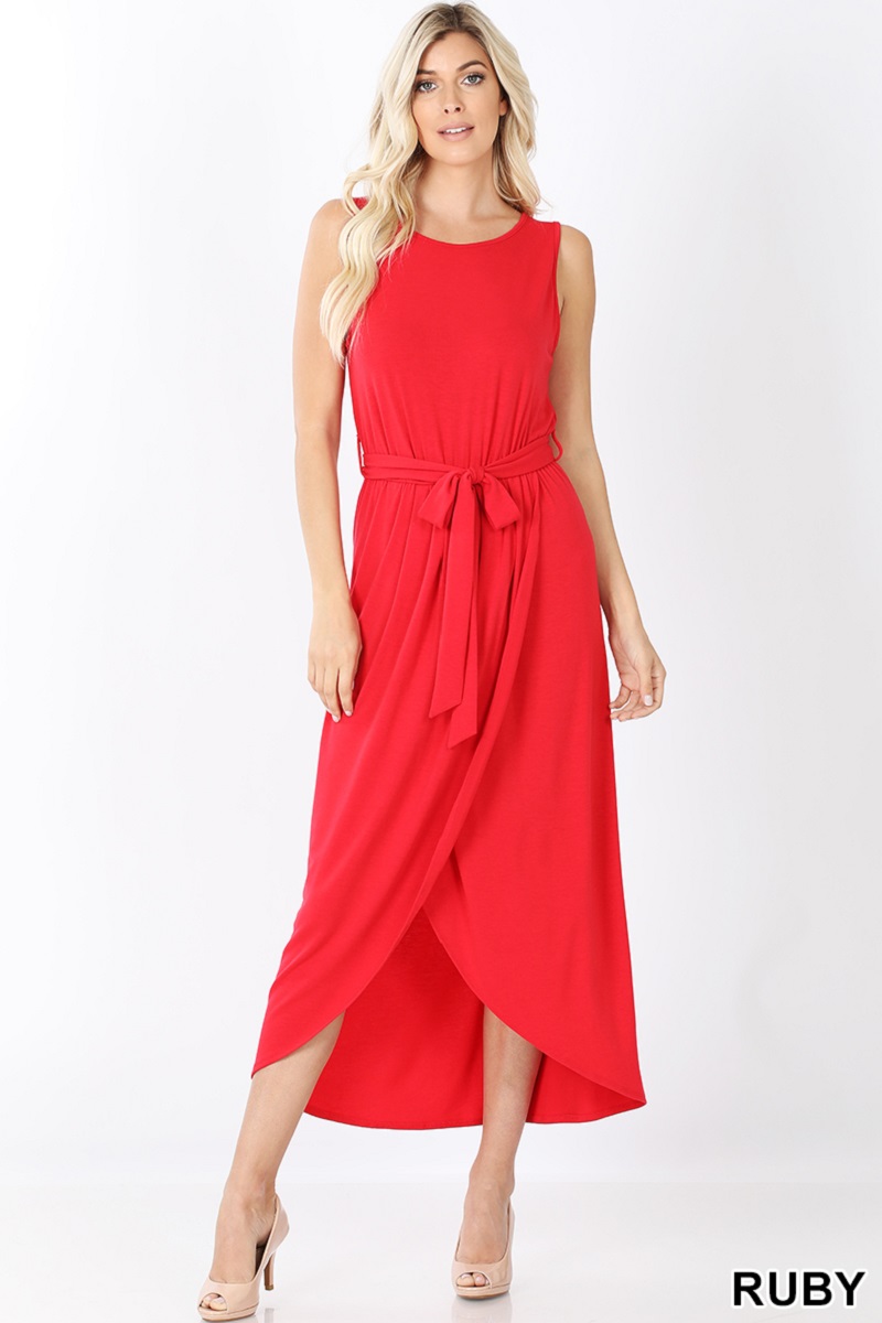 Belted Sleeveless Tulip Dress - Maxi Dress, maxi dress, ruby red,