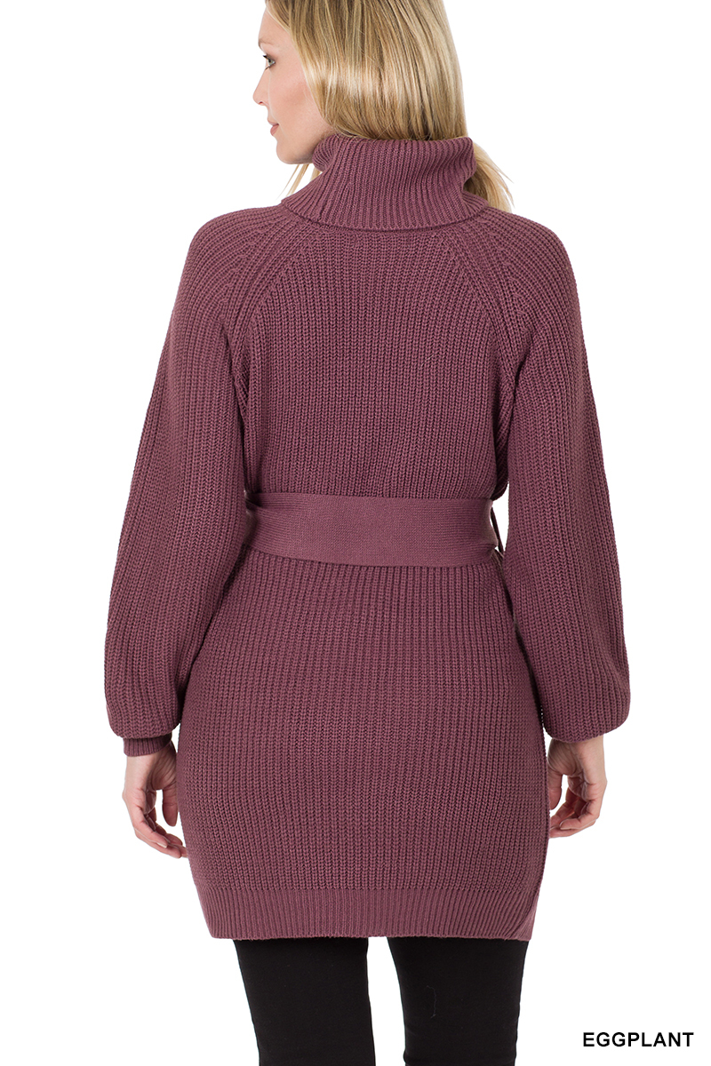 Belted Turtleneck Sweater Dress, dark burgundy,