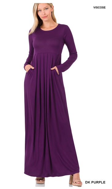 Pleated Waist Long Sleeve Maxi Dress with Side Pockets