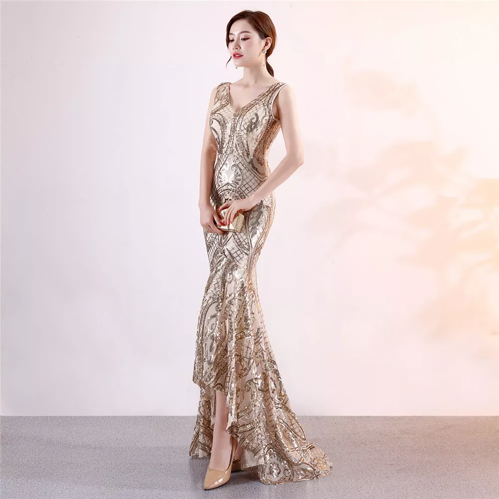 High End Golden Floor Length Banquet Dress, Formal Evening Gown for  Weddings - Rehearsals - Formal Party - Evening Gown - Bridesmaid - Prom Dress