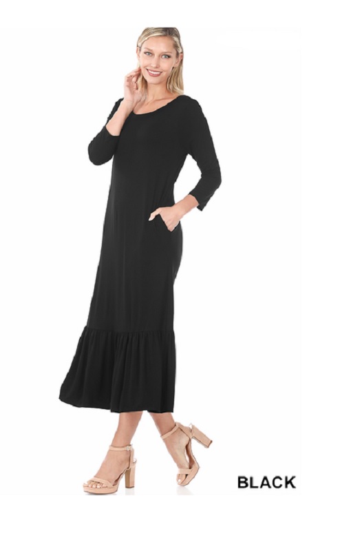 Women's 3/4 sleeve long Black maxi dress with pockets Round neck ruffle hem long dress