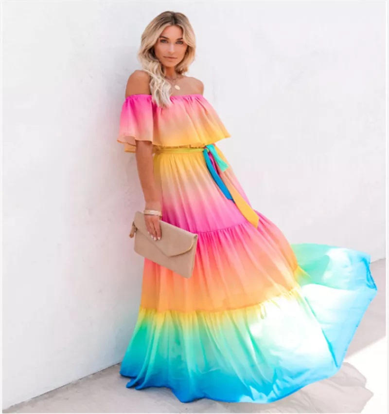 Rainbow Maxi Dress, Off Shoulder - Ribbon Belt Waist - Flowing Hem