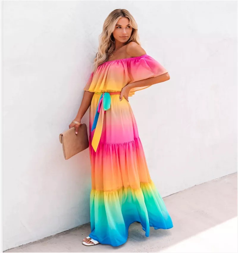 Rainbow Maxi Dress, Off Shoulder - Ribbon Belt Waist - Flowing Hem