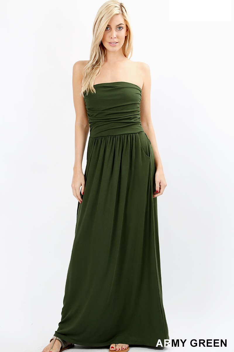 Women's Strapless Maxi Dress Tube Top Long Skirt with Elastic Waist and side pockets