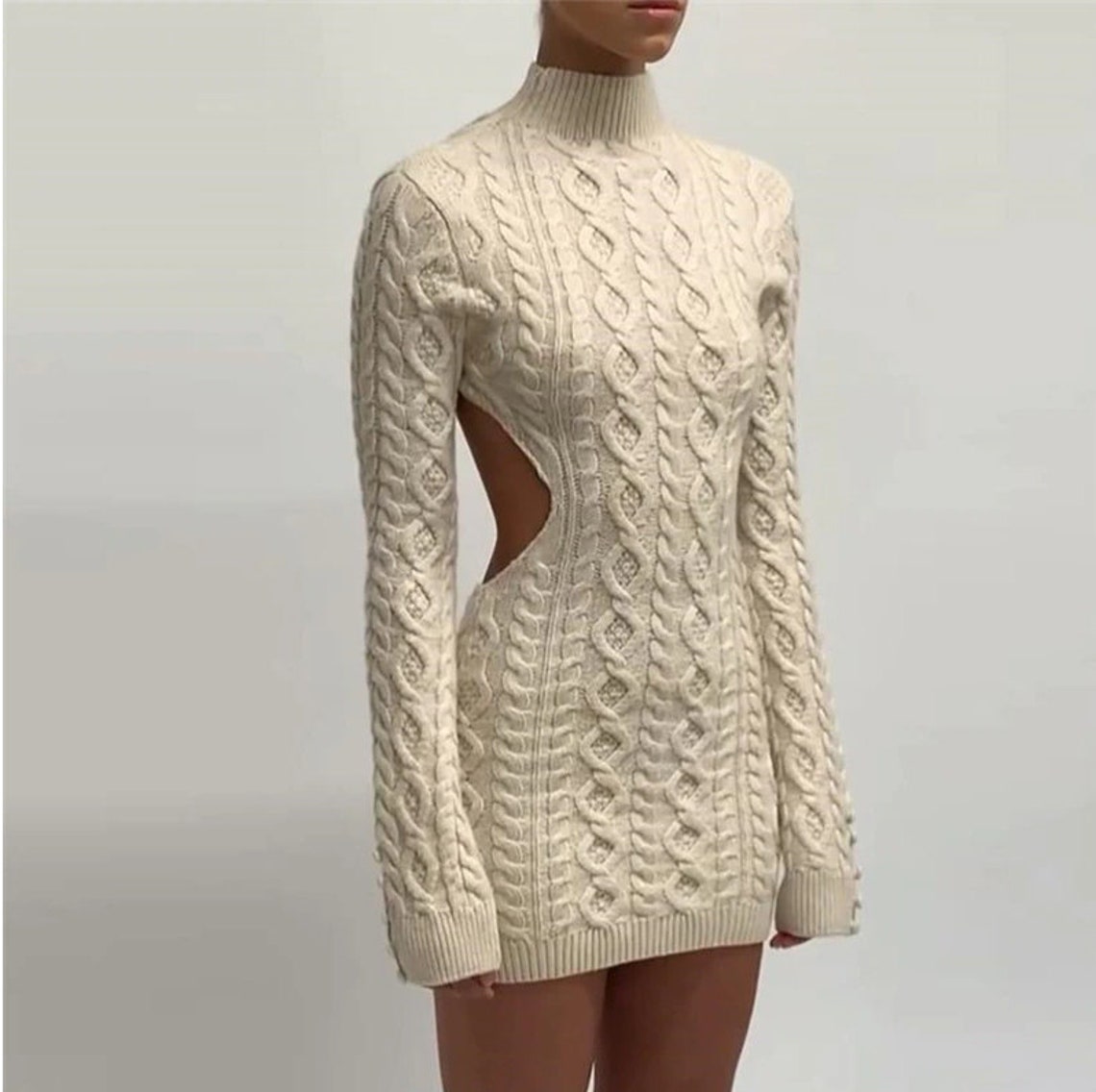 Long Sleeve Backless Mini Dress, Knitted Bodycon Sweater Dress - Mini Dress 
