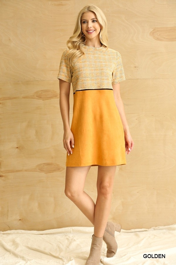 Tweed and Suede Mixed Shift Dress with Side Pockets, gold and shades of yellow