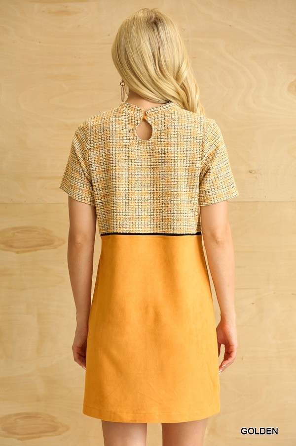 Tweed and Suede Mixed Shift Dress with Side Pockets, gold and shades of yellow