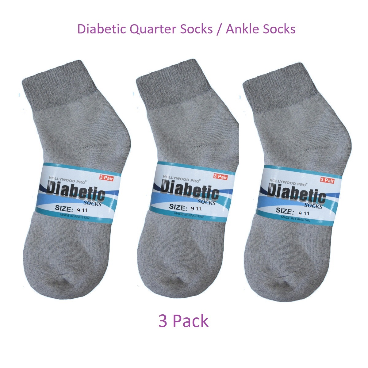 Women's Gray Diabetic Quarter Socks / Ankle Socks - set of 3 pairs