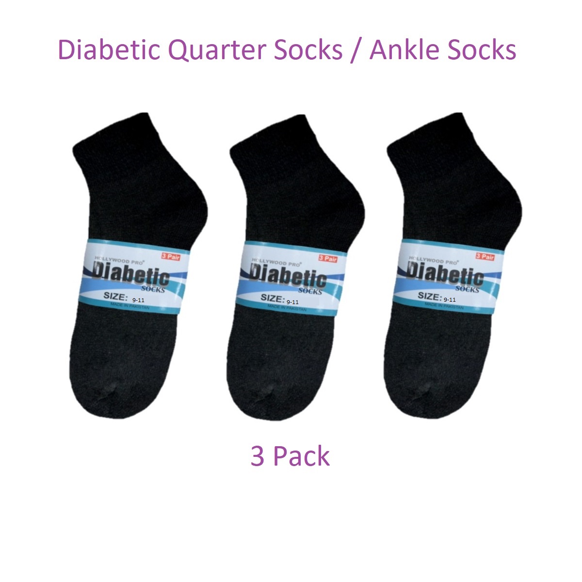 Women's Black Diabetic Quarter Socks / Ankle Socks - set of 3 pairs