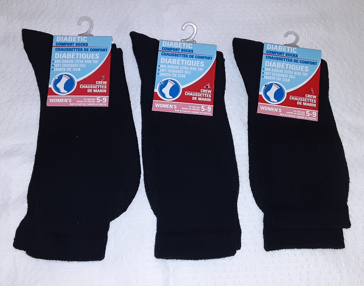 Women's Diabetic Crew Socks - Black - set of 3 pairs