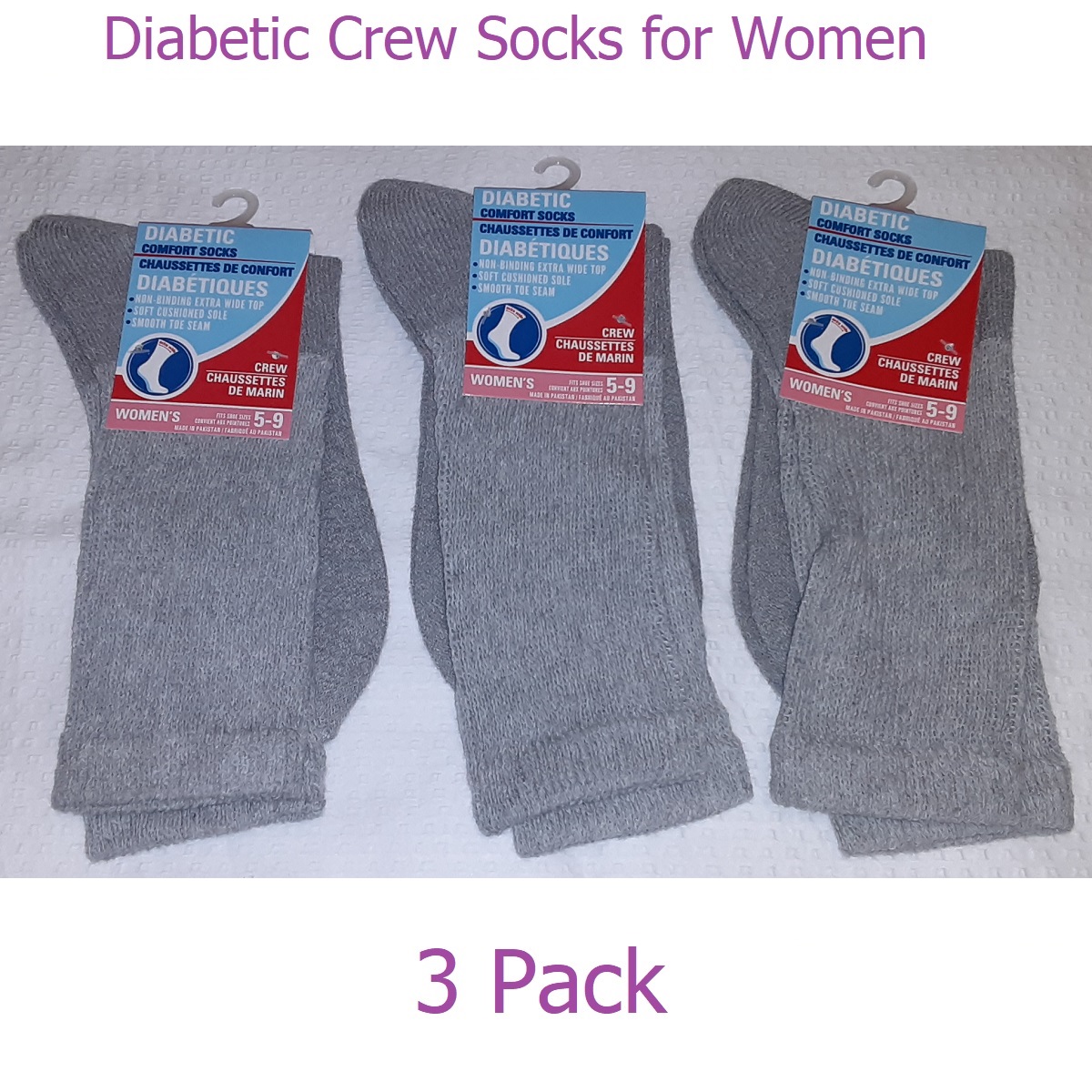 Women's Diabetic Crew Socks - Gray - set of 3 pairs