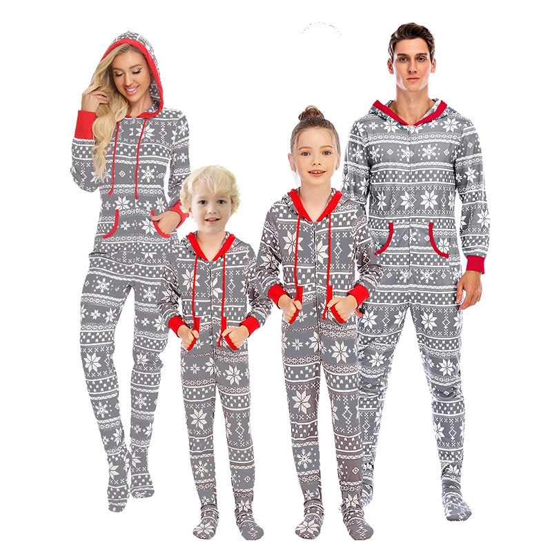 Christmas Onesie's Pajamas Family Set, Matching Family Pajamas with Hoodie, gray and red, floral pattern,