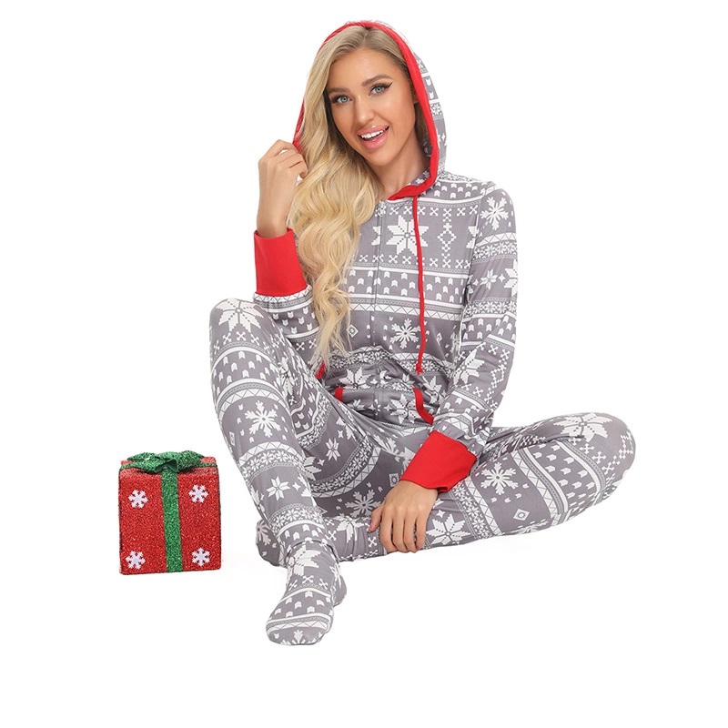 Christmas Onesie's Pajamas Family Set, Matching Family Pajamas with Hoodie, gray and red, floral pattern,