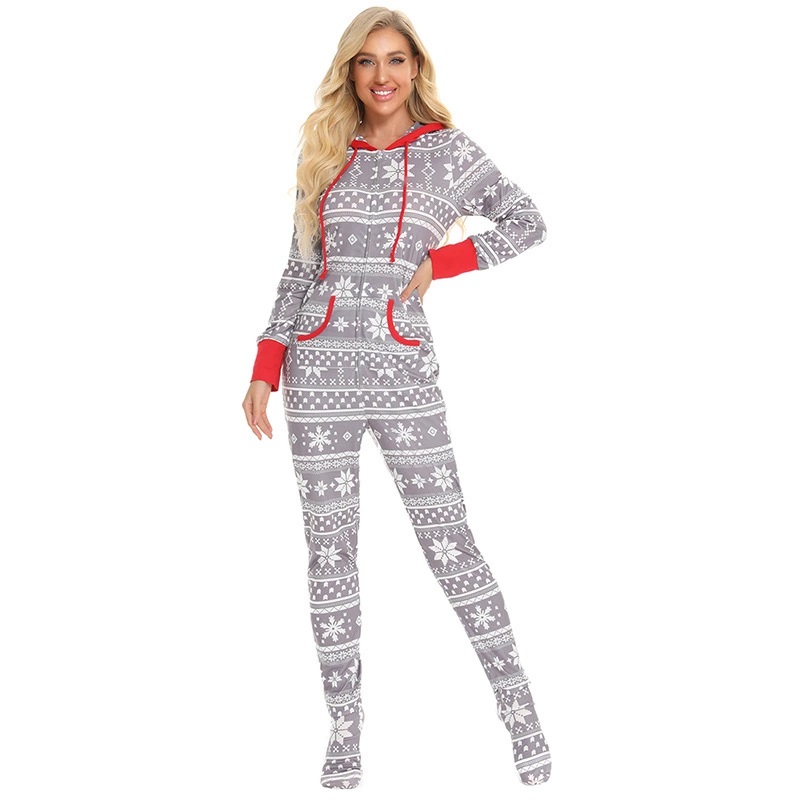 Christmas Onesie's Pajamas Family Set, Matching Family Pajamas with Hoodie, gray and red, floral pattern,