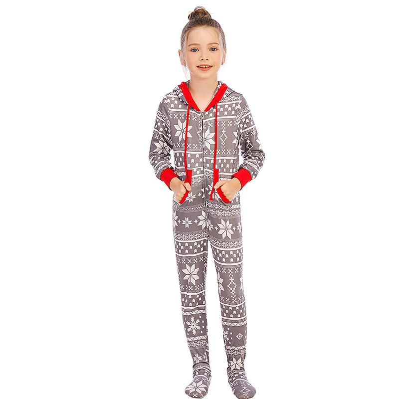 Christmas Onesie's Pajamas Family Set, Matching Family Pajamas with Hoodie, gray and red, floral pattern,