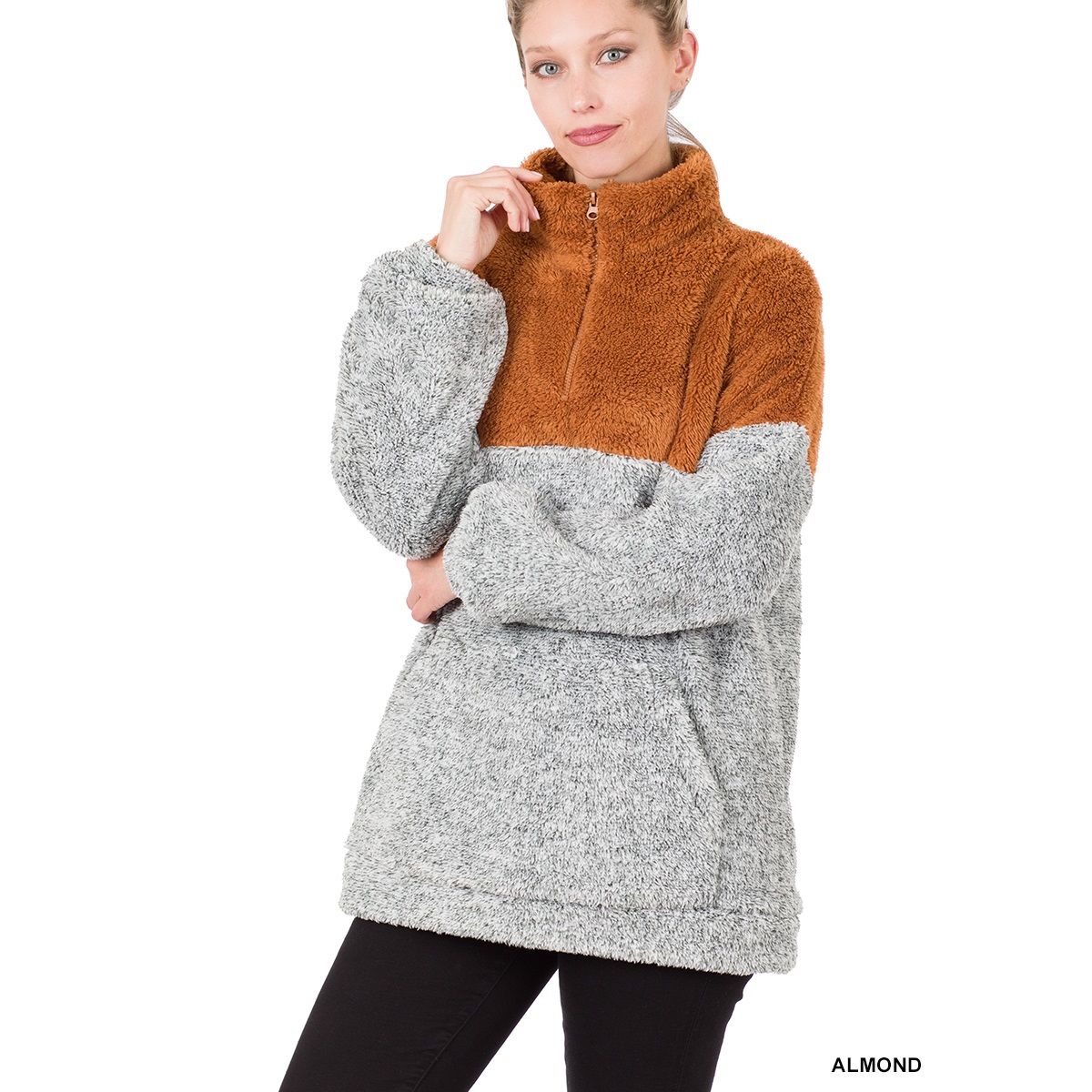 Faux Fur Zip-Up Jacket with Kangaroo Pockets Relaxed Fit Melange Faux Fur Pullover Jacket