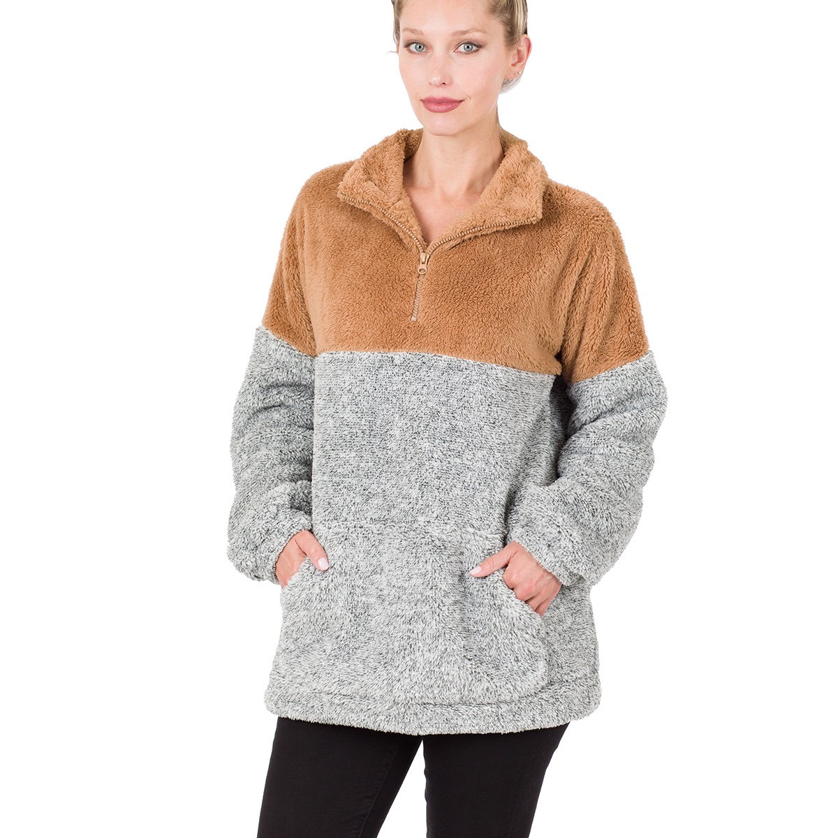 Faux Fur Zip-Up Jacket with Kangaroo Pockets Relaxed Fit Melange Faux Fur Pullover Jacket