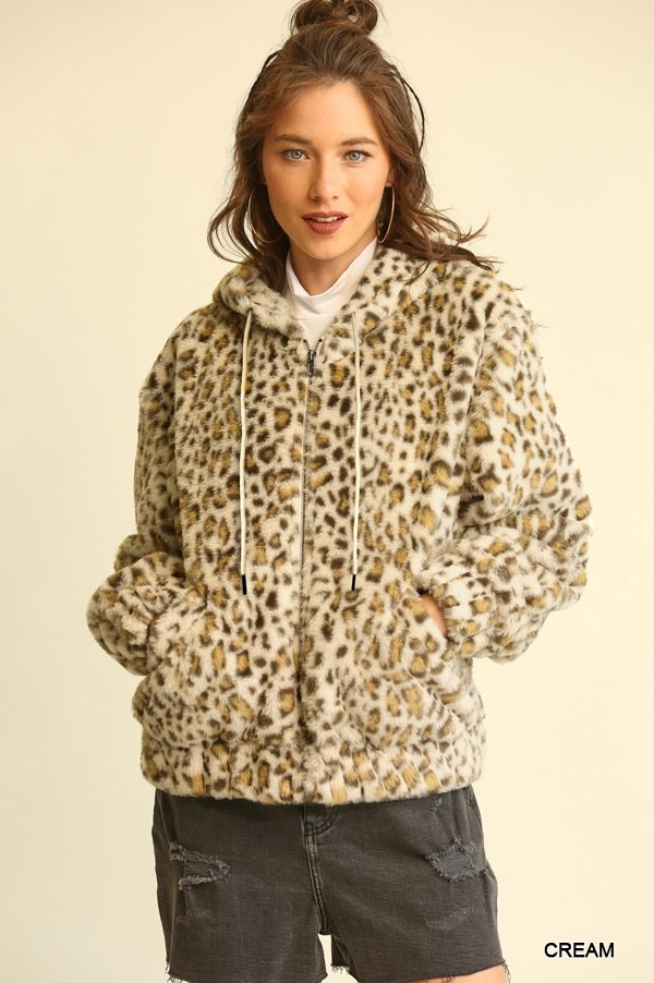 Faux Fur winter jacket for women - Leopard Print Design - brown and cream with hoodie