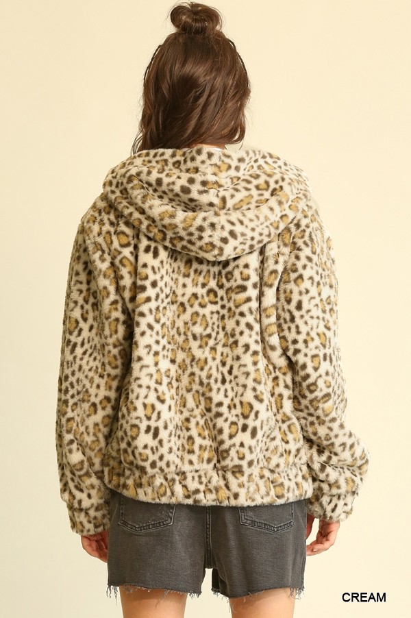 Faux Fur winter jacket for women - Leopard Print Design - brown and cream with hoodie
