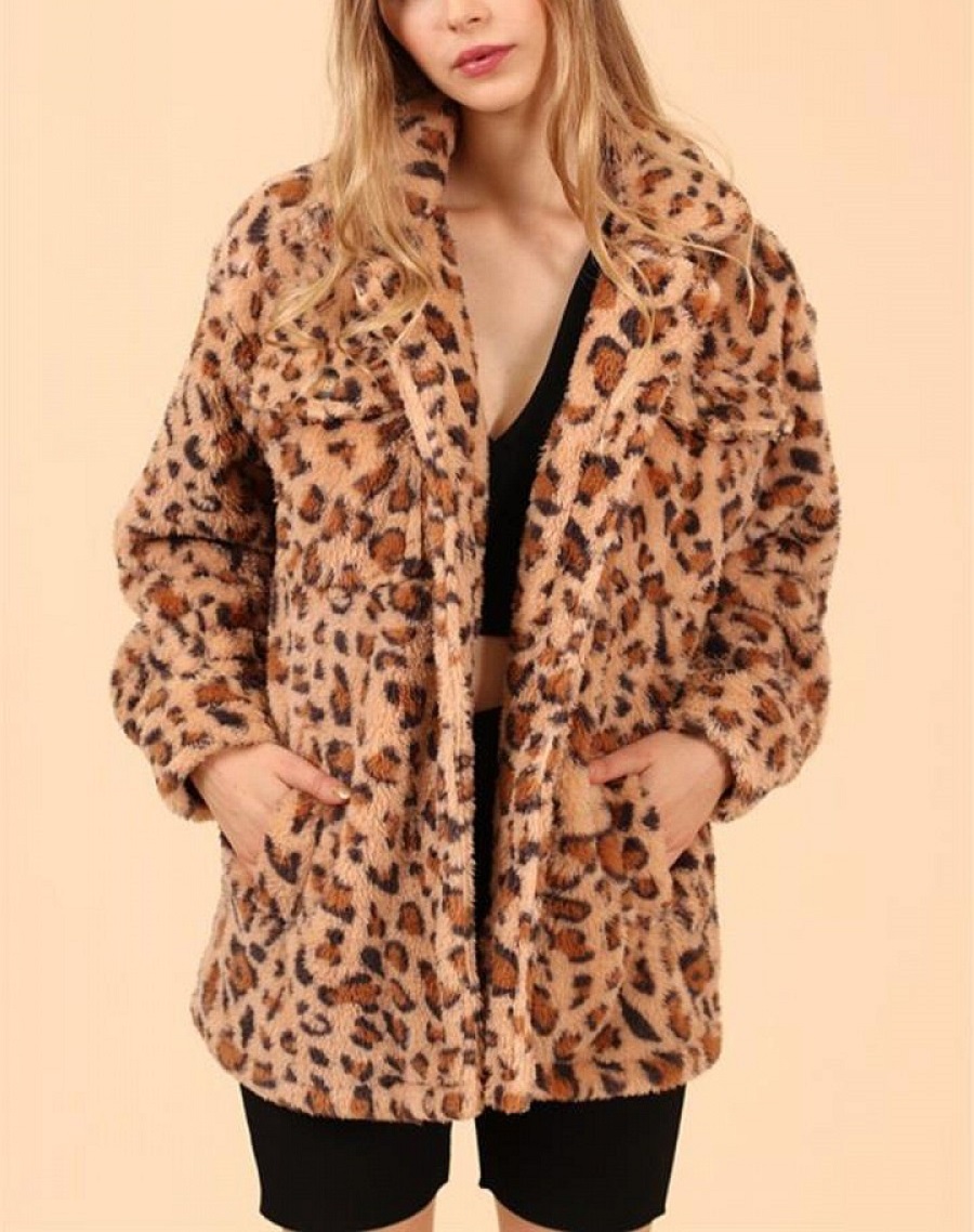 Faux Fur winter jacket for women - Leopard Print Design - brown and tan
