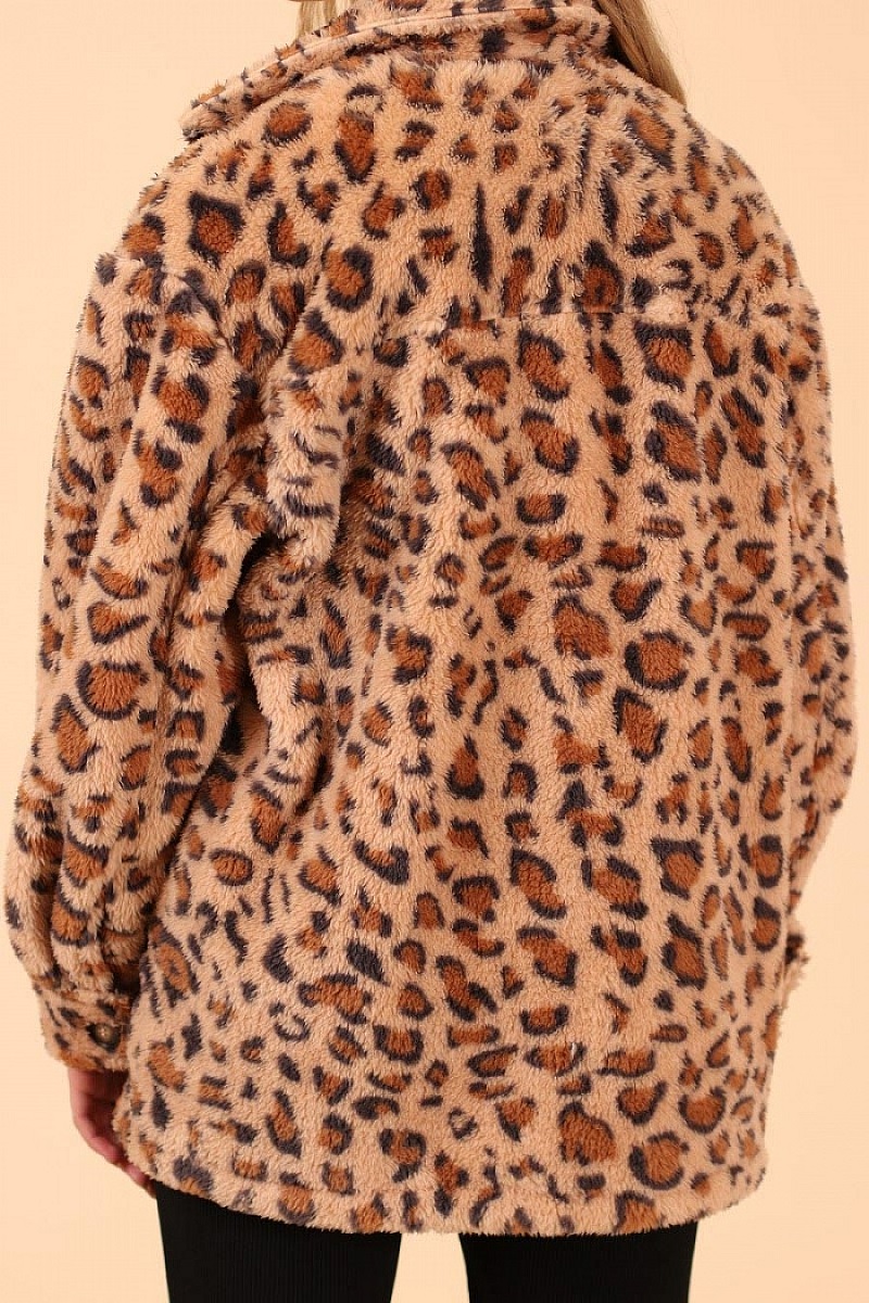 Faux Fur winter jacket for women - Leopard Print Design - brown and tan