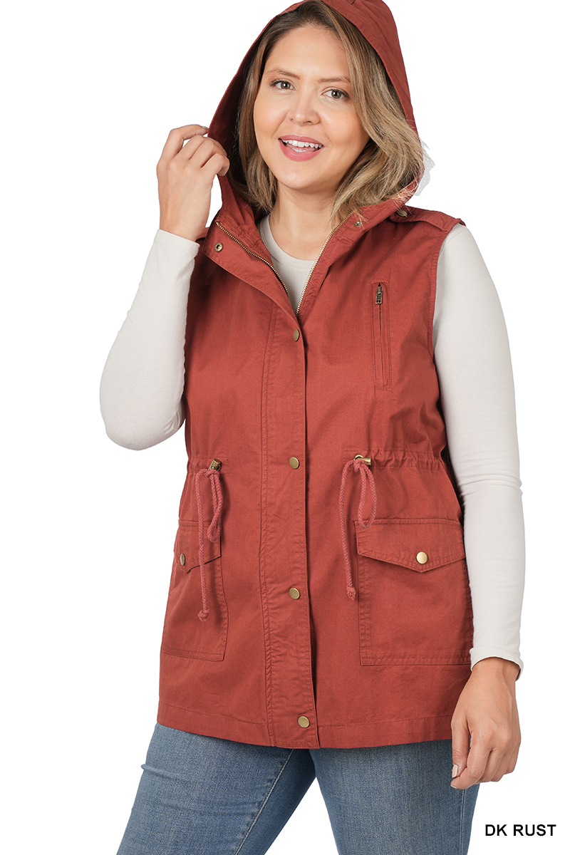Plus Size Military Style Hooded Vest, dark rust, large pockets, zip, buttons,