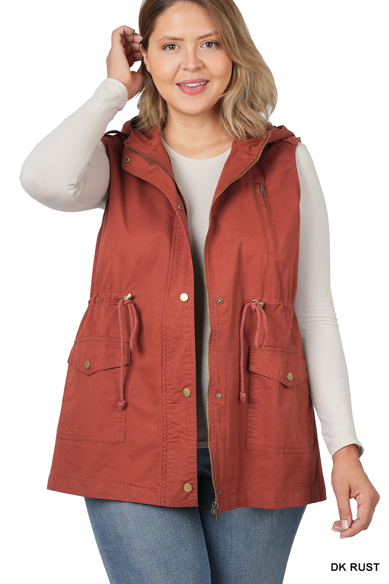 Plus Size Military Style Hooded Vest, dark rust, large pockets, zip, buttons,