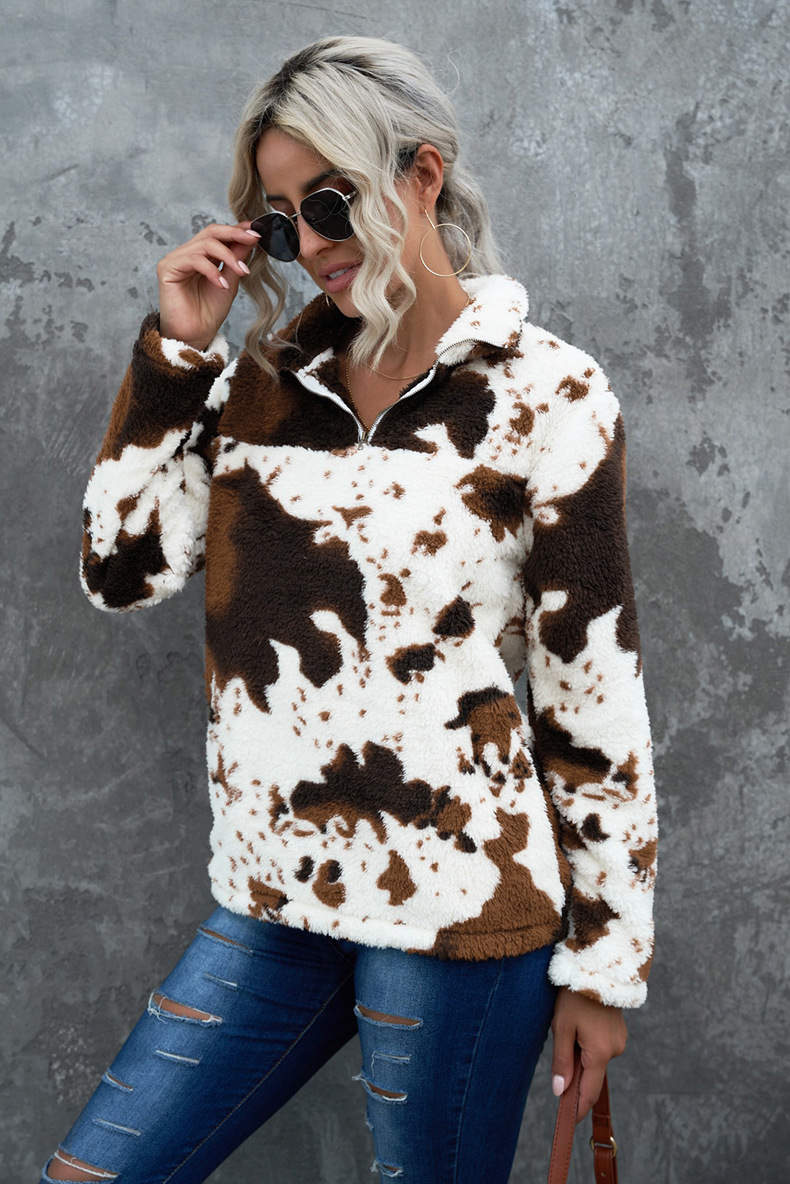 Women's Faux Fur Cow Print Sherpa Winter Coat - White and Brown Cow Design
