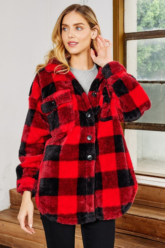 Buffalo Plaid Fluffy Jacket Red and Black with large pockets Relaxed fit oversized Jacket