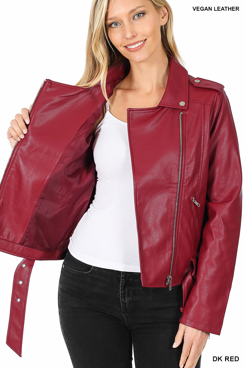 Belted Moto Jacket for Women Urban - Trendy - Elegant Vegan Leather Dark Red