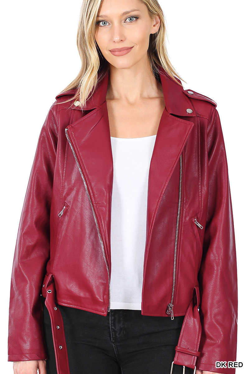 Belted Moto Jacket for Women Urban - Trendy - Elegant Vegan Leather Dark Red