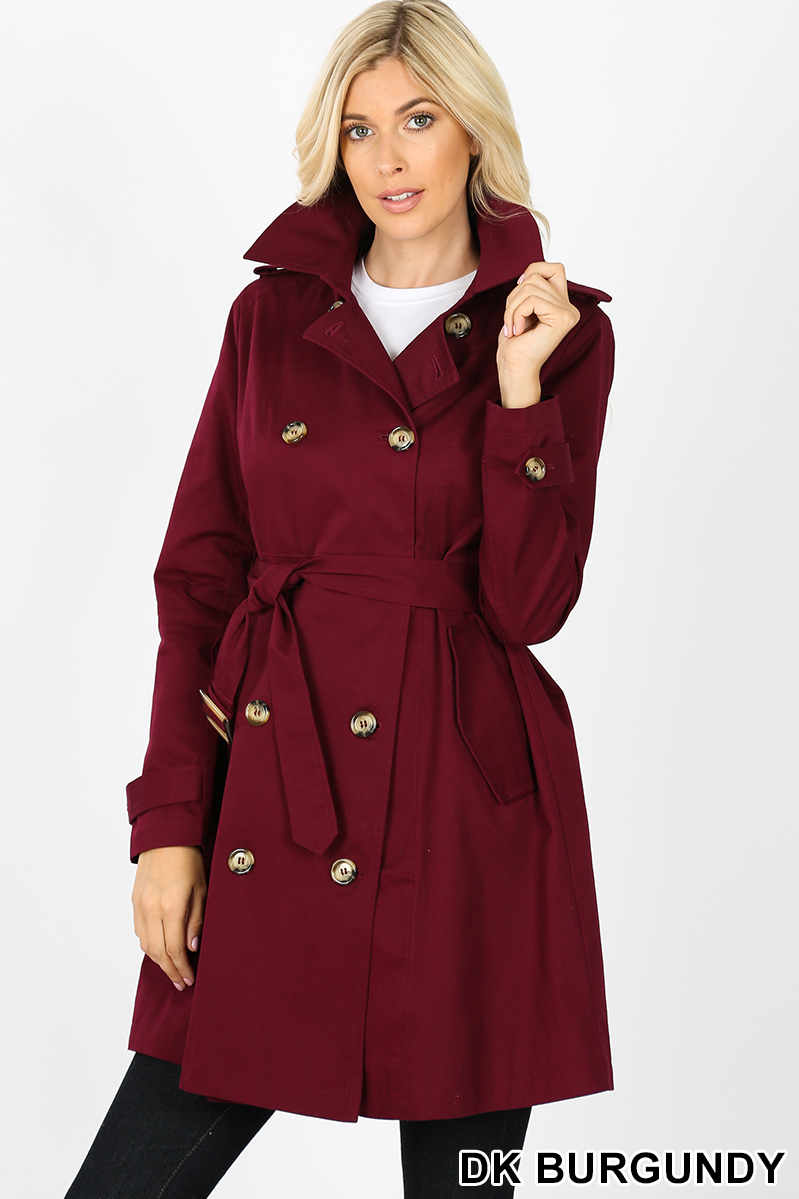 Double breasted thigh length trench coat, Dark Burgundy,
