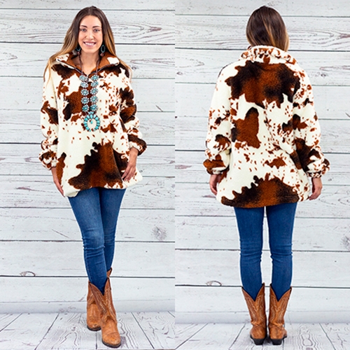 Women's Faux Fur Cow Print Sherpa Winter Coat - White and Brown Cow Design