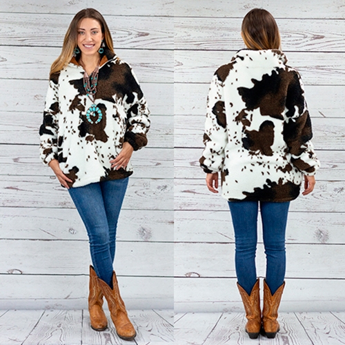 Women's Faux Fur Cow Print Sherpa Winter Coat - White and Black Cow Design